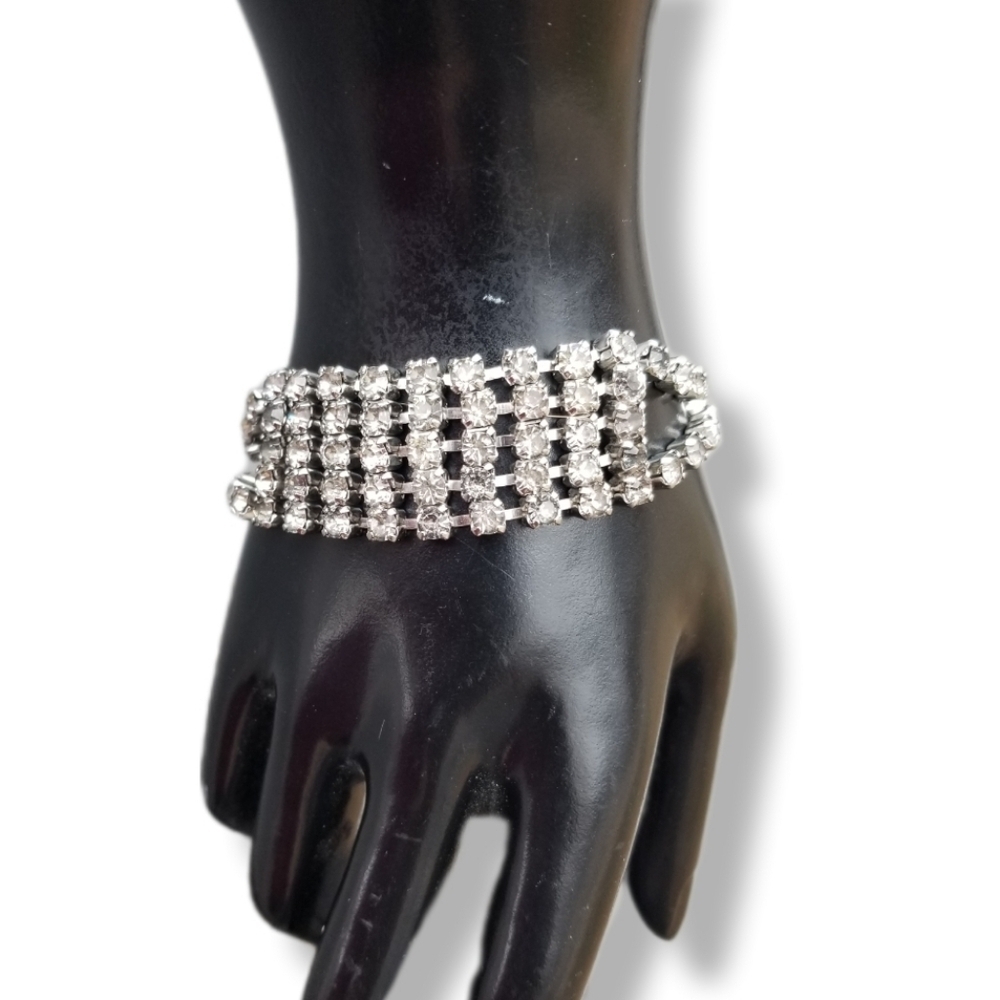Vintage MCM 5-Row Rhinestone Tapered Statement Bracelet | Silver Tone Wedding